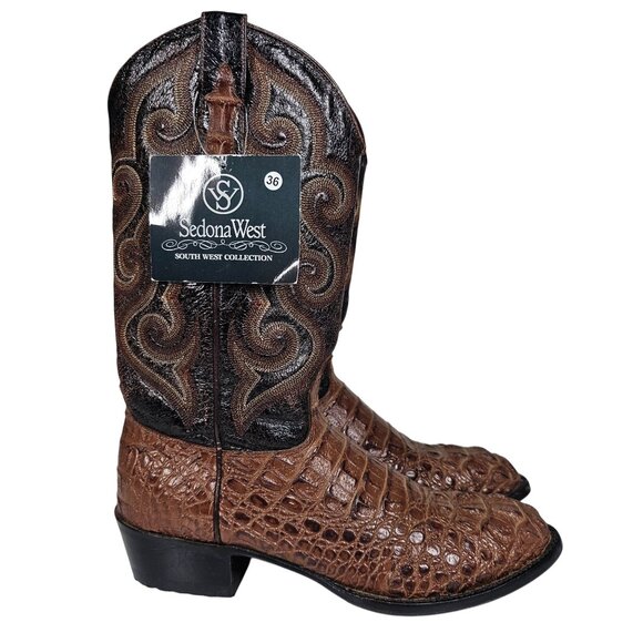 Sedona West Mens Cowboy Boots Leather Crocodile Print Cognac Brown Mens 7.5D NWT - Picture 8 of 14